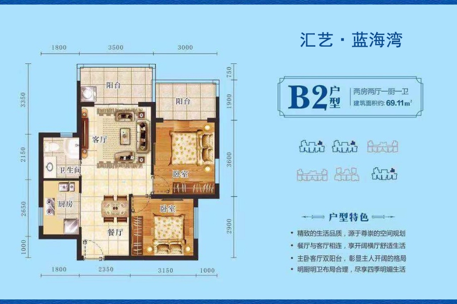 B2户型 建面约69.11平 两房两厅